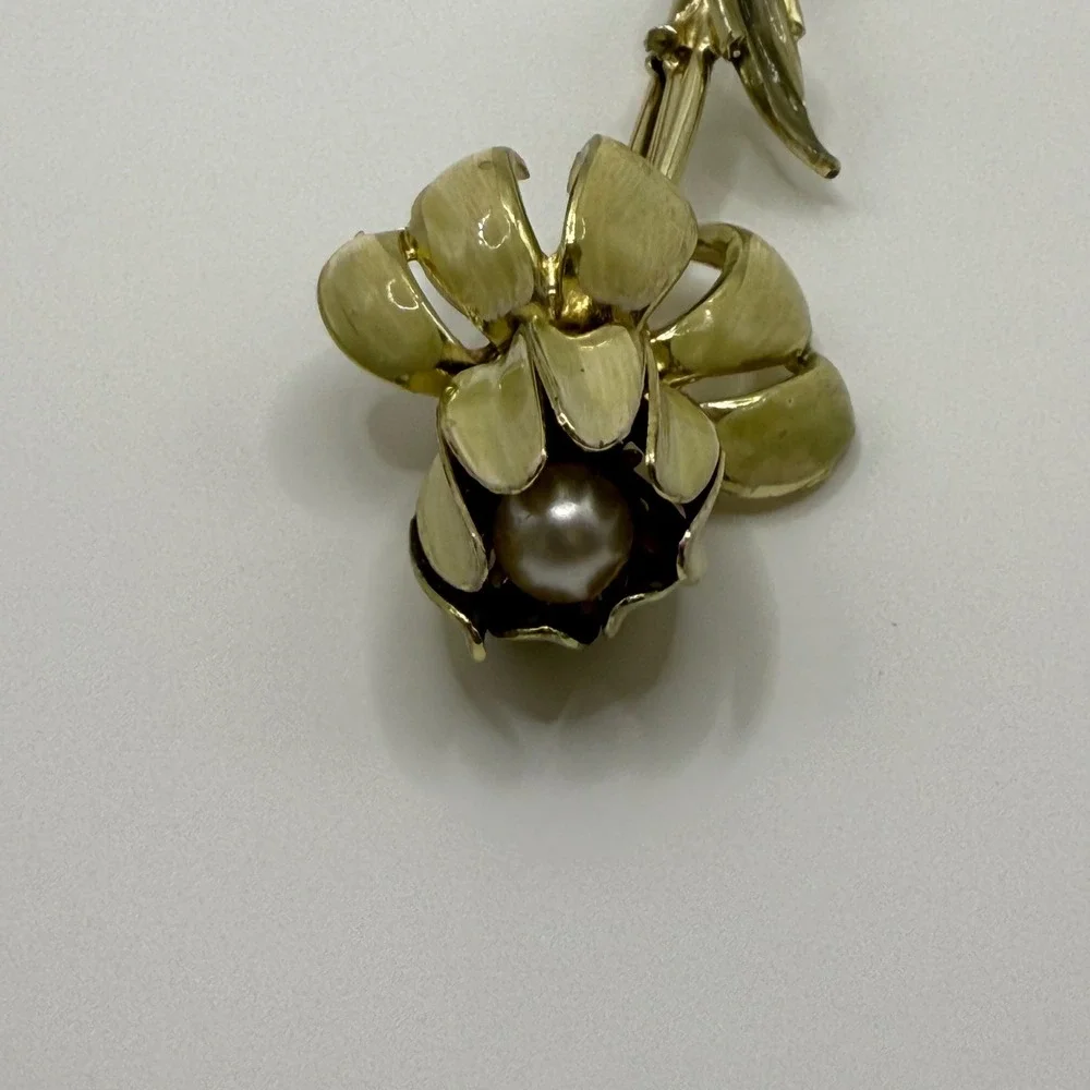 Coro Vintage Gold Tone Enamel Tulip Flower Brooch Pin with Faux Pearl Accent